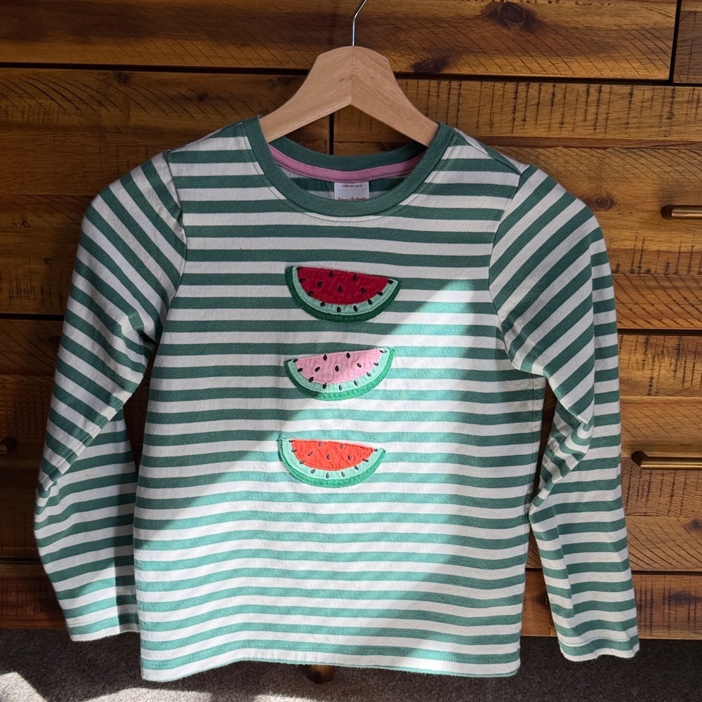 Hanna Andersson Green Striped Kids Shirt with Watermelon Design